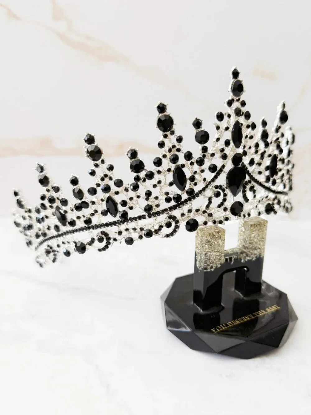 Black Rhinestone Tiara, Silver Gothic Crown for Wedding, Prom, Pageant Headpiece